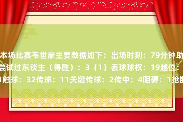 本场比赛韦世豪主要数据如下：出场时刻：79分钟助攻：1射门：2射正：1尝试过东谈主（得胜）：3（1）丢球球权：19越位：1触球：32传球：11关键传球：2传中：4阻碍：1抢断得胜：1    体育最新信息