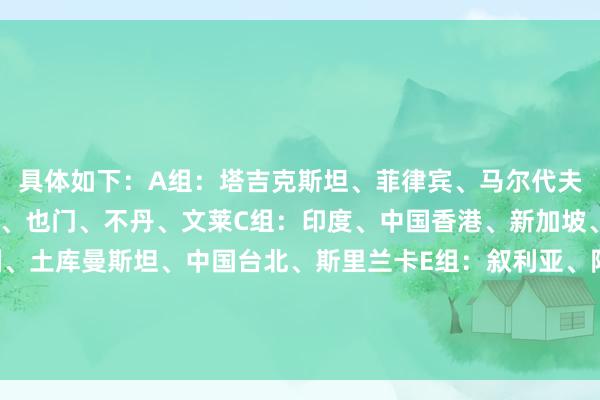 具体如下：A组：塔吉克斯坦、菲律宾、马尔代夫、东帝汶B组：黎巴嫩、也门、不丹、文莱C组：印度、中国香港、新加坡、孟加拉国D组：泰国、土库曼斯坦、中国台北、斯里兰卡E组：叙利亚、阿富汗、缅甸、巴基斯坦F组：越南、马来西亚、尼泊尔、老挝体育赛事直播