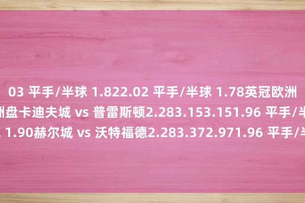 03 平手/半球 1.822.02 平手/半球 1.78英冠欧洲平均赔率换算盘口澳彩亚洲盘卡迪夫城 vs 普雷斯顿2.283.153.151.96 平手/半球 1.891.90 平手/半球 1.90赫尔城 vs 沃特福德2.283.372.971.96 平手/半球 1.891.96 平手/半球 1.84米尔沃尔 vs 谢菲联2.863.042.532.09 平手 1.762.02 平手 1.78西